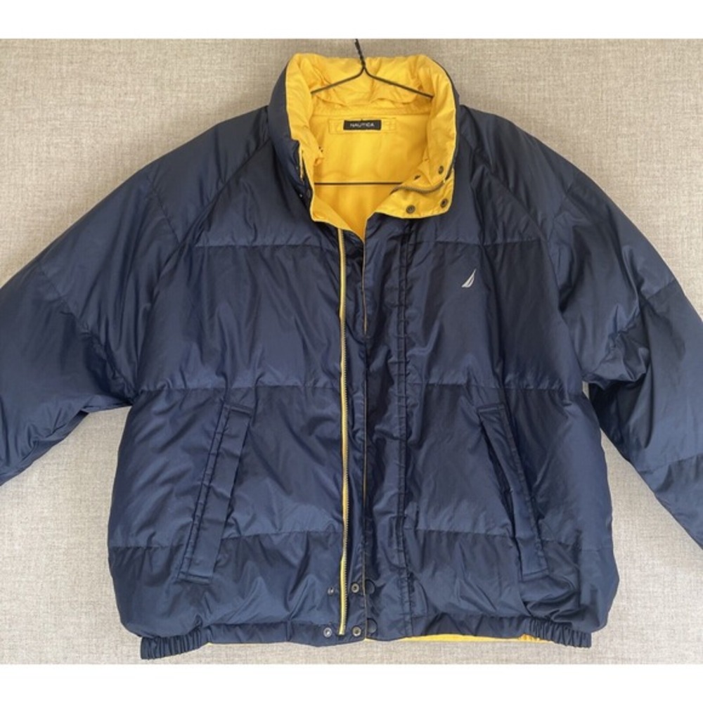 VTG Nautica Reversible Down Puffer Jacket XL Navy‎ & Yellow Sailing Logo 1990s